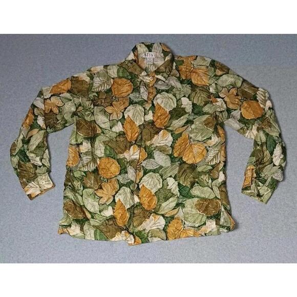Tops - Vintage Stunt Button Up Womens Size Medium 100% silk Fall Leaves Pattern Long...